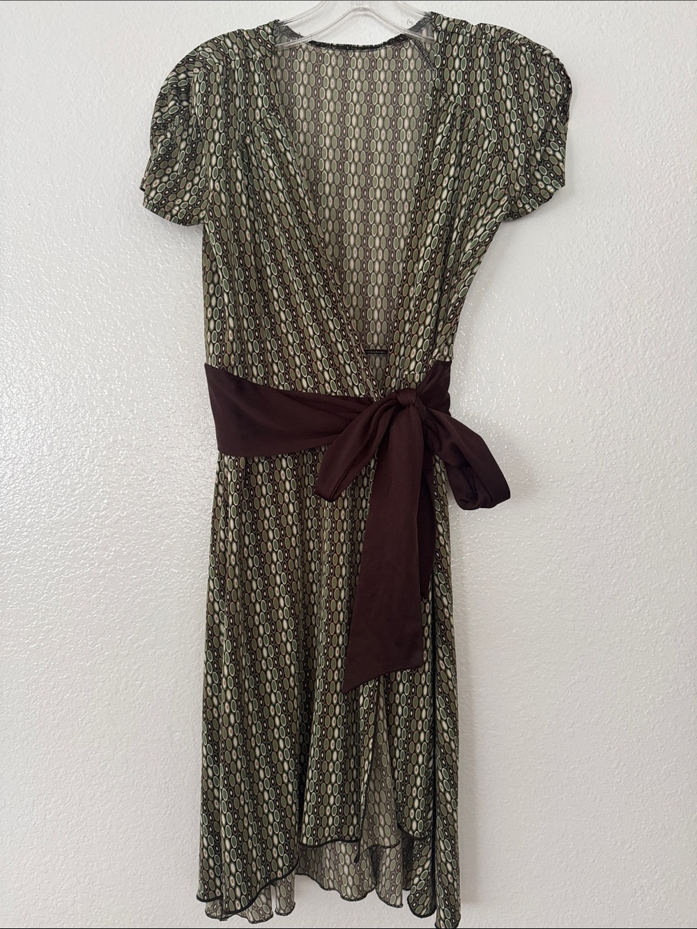 2/$10 Olive Patterned Midi Wrap Dress with Brown Waist Sash